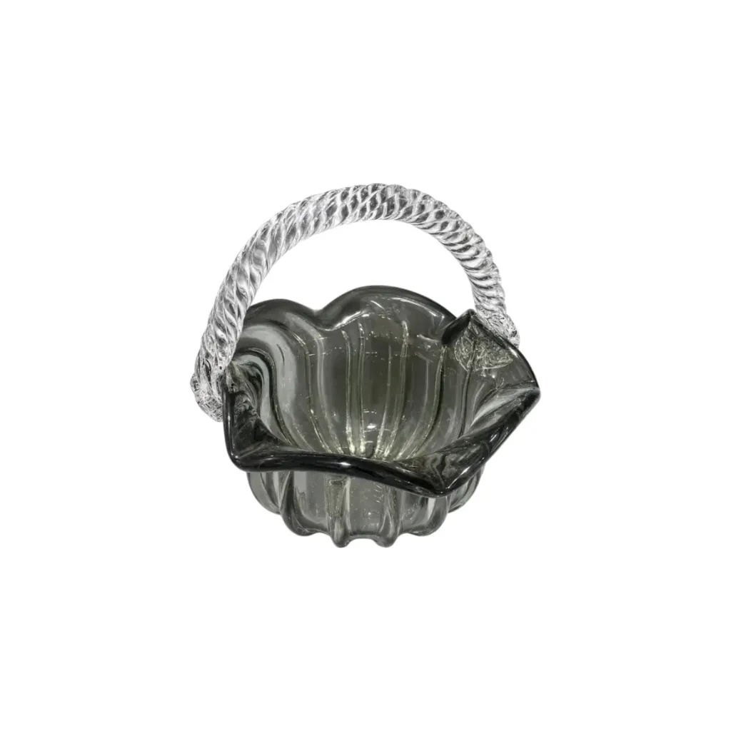 Ribbed Green Glass Basket with Twisted Handle