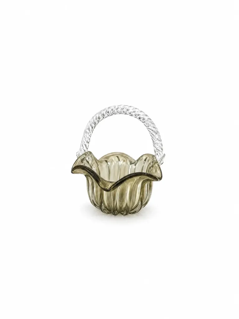 Ribbed Green Glass Basket with Twisted Handle