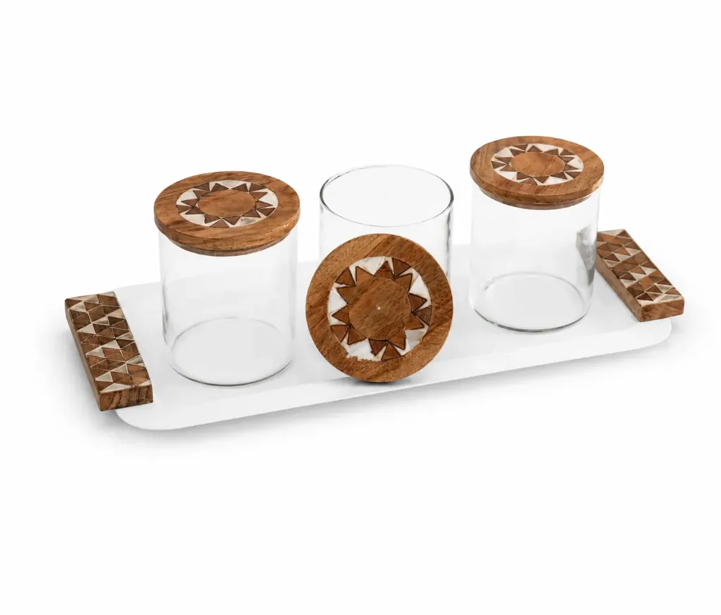[Y.C029675] Arabesque Tray With 3 Glass Bottles (White)