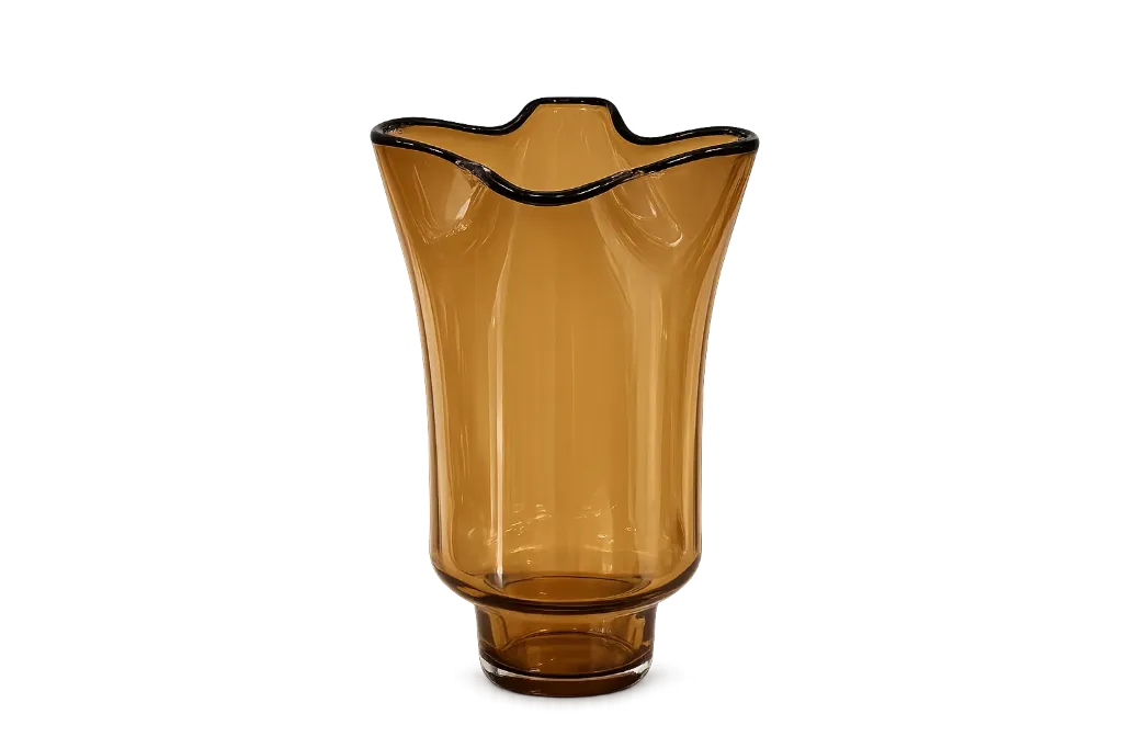 فازة زجاج لون بني بتصميم مموج بأطراف سوداء 